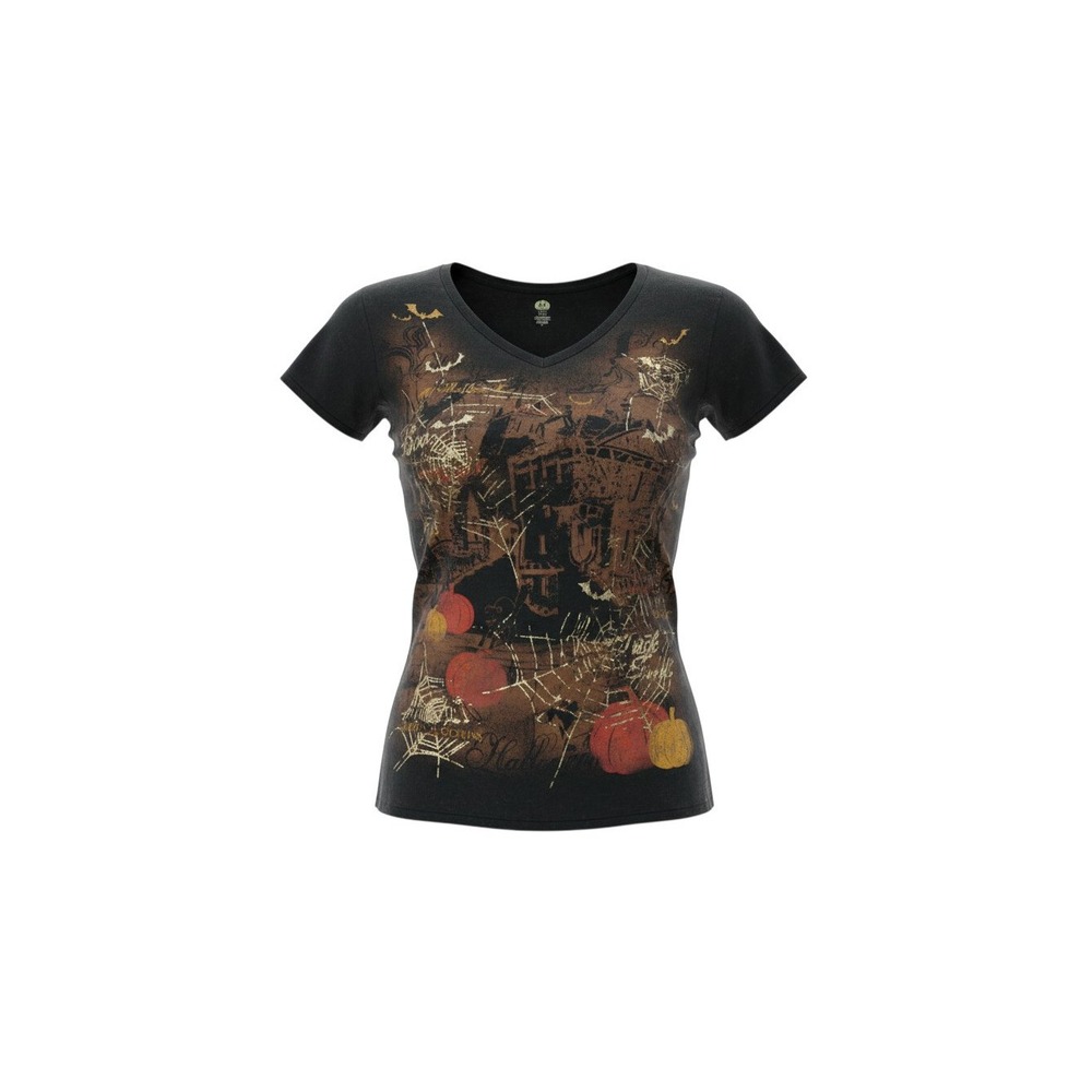 Halloween Graphic T-Shirt Womens Small Black Haunted House Pumpkins Gold Foil